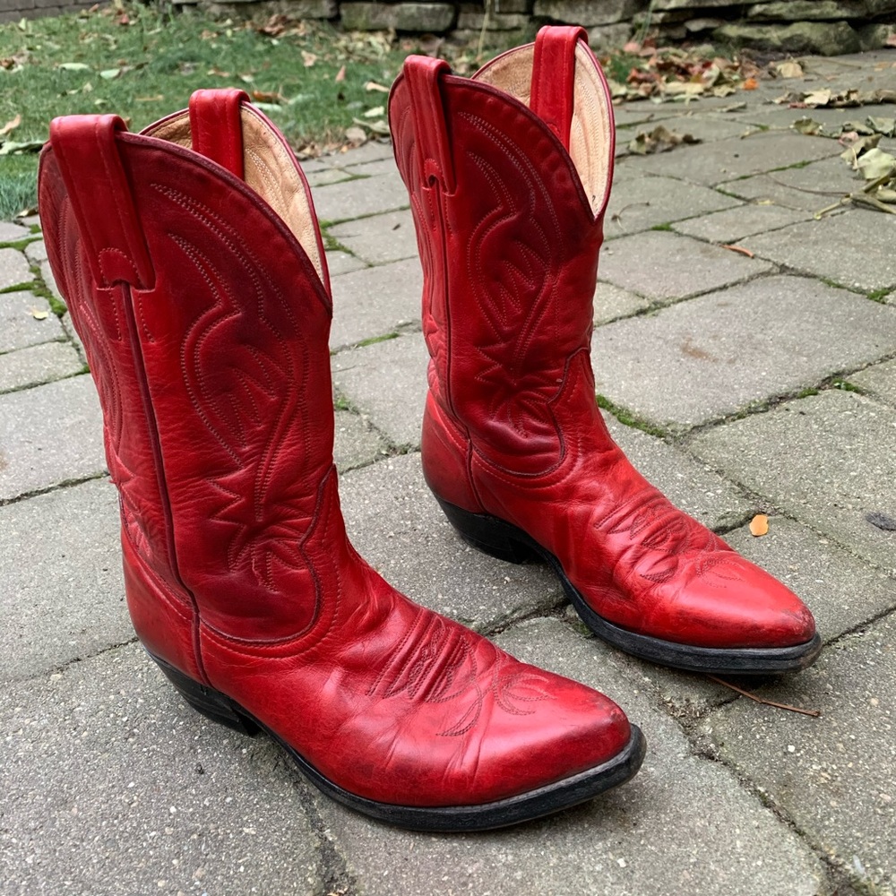 Red leather women’s cowboy boots.